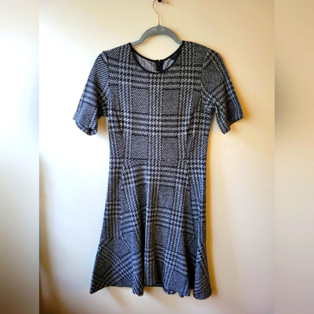 Theory Ginham Plaid Tweed Zip Back A Line Dress